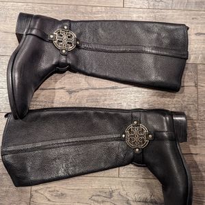 Tory Burch Black Zip Up Gold Logo Hardware Boots